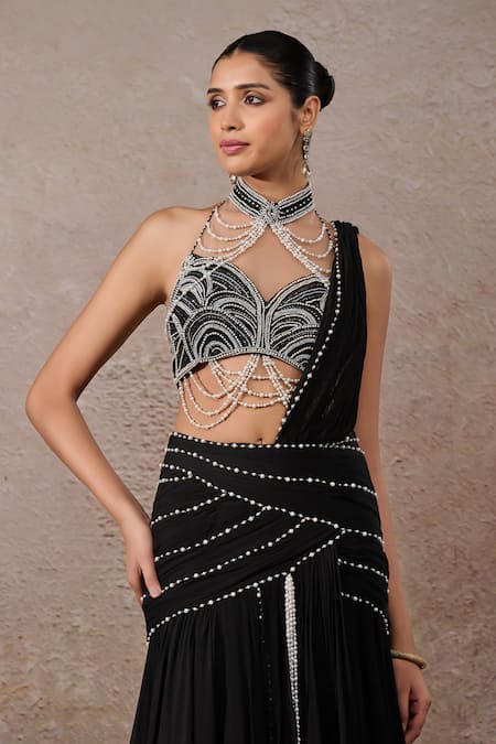 Tarun Tahiliani_Black Tulle, Net, Chiffon Pearls Halter Ombre Blouse And Pre-draped Saree Set _Online_at_Aza_Fashions