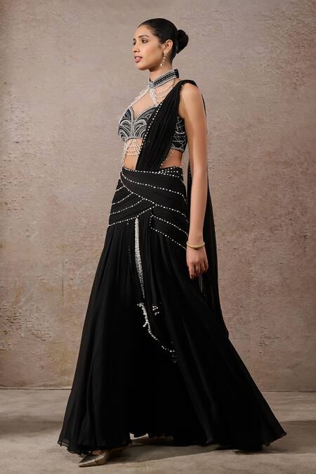 Buy_Tarun Tahiliani_Black Tulle, Net, Chiffon Pearls Halter Ombre Blouse And Pre-draped Saree Set _Online_at_Aza_Fashions