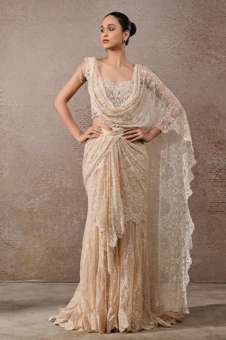 Tarun Tahiliani Embroidered Lace Pre-Draped Saree & Blouse Set 
