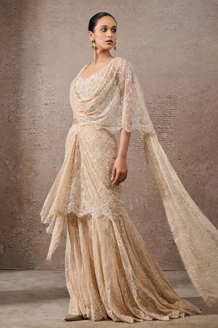 Shop_Tarun Tahiliani_Ivory Tulle, Net Embroidery Scoop Neck Lace Pre-draped Saree And Blouse Set _Online_at_Aza_Fashions