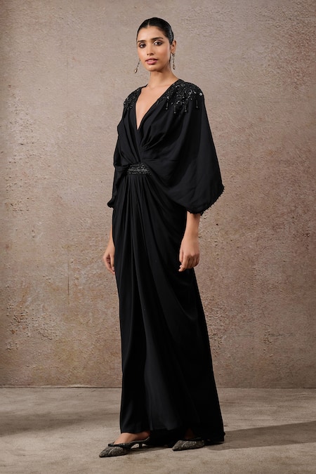 Buy_Tarun Tahiliani_Black Georgette Pearls, Sequins V-neck Classic Draped Kaftan _Online_at_Aza_Fashions