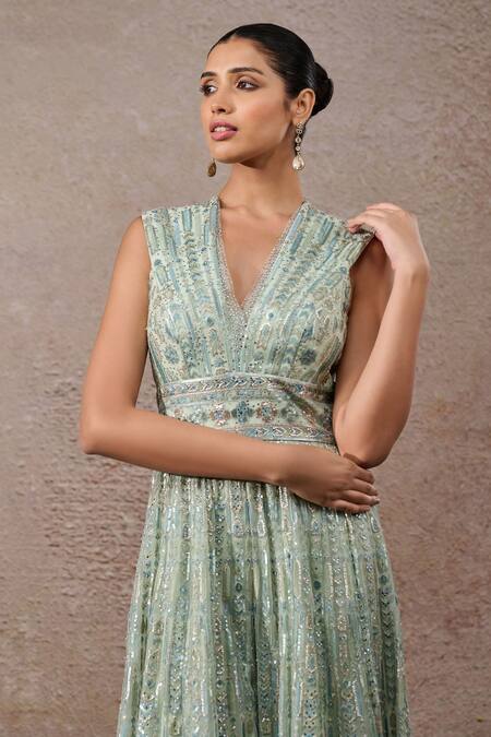 Tarun Tahiliani_Green Tulle, Net Sequins V-neck Signature Embroidered Jumpsuit _Online_at_Aza_Fashions