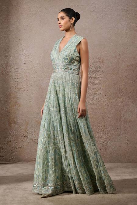 Buy_Tarun Tahiliani_Green Tulle, Net Sequins V-neck Signature Embroidered Jumpsuit _Online_at_Aza_Fashions