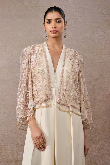 Buy_Tarun Tahiliani_Ivory Open Neck Floral Hand Embroidered Cape _Online_at_Aza_Fashions