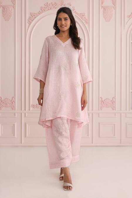 Charu Makkar_Pink Linen, Satin, Organza Embroidery V-neck Designer Kurta Set_Online_at_Aza_Fashions