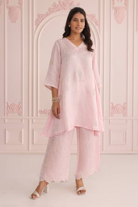 Buy_Charu Makkar_Pink Linen, Satin, Organza Embroidery V-neck Designer Kurta Set_Online_at_Aza_Fashions
