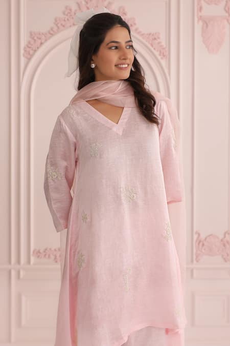 Shop_Charu Makkar_Pink Linen, Satin, Organza Embroidery V-neck Designer Kurta Set_Online_at_Aza_Fashions