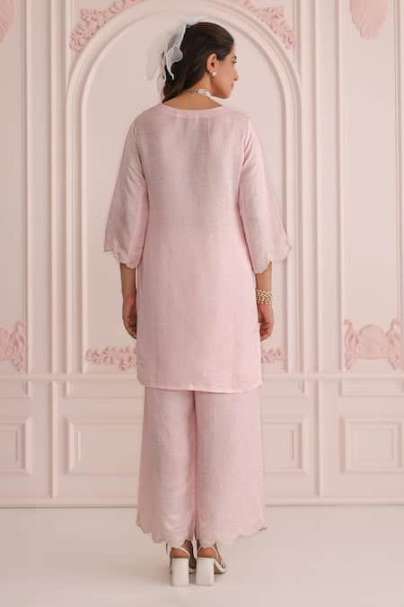 Shop Charu Makkar Pink Linen, Satin Split V-neck Kurta And Pant Set at Aza Fashions Shop_Charu Makkar_Pink Linen, Satin Split V-neck Kurta And Pant Set _at_Aza_Fashions