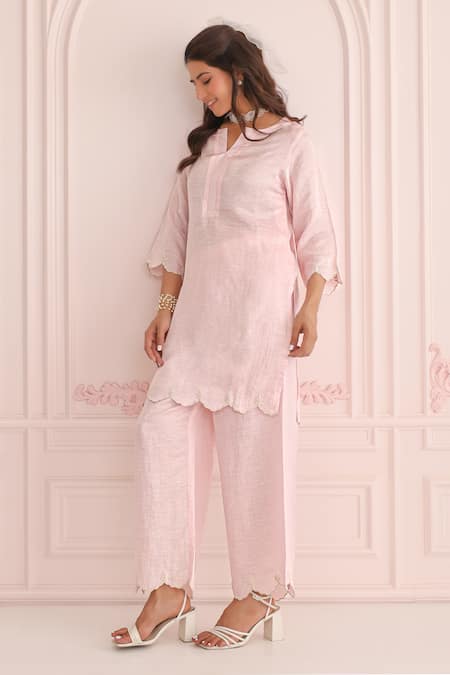 Shop Charu Makkar Pink Linen, Satin Split V-neck Kurta And Pant Set Online at Aza Fashions Shop_Charu Makkar_Pink Linen, Satin Split V-neck Kurta And Pant Set _Online_at_Aza_Fashions