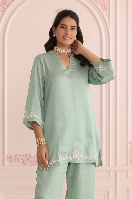 Buy_Charu Makkar_Green Linen, Satin Embroidery V-neck Sage Kurta And Pant Set_Online_at_Aza_Fashions