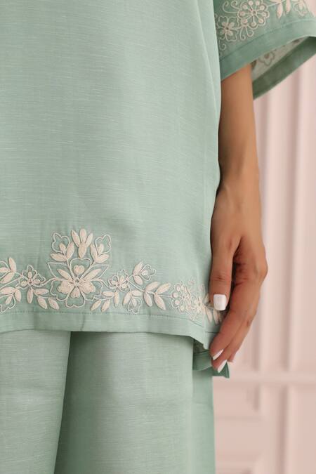 Shop_Charu Makkar_Green Linen, Satin Embroidery V-neck Sage Kurta And Pant Set_Online_at_Aza_Fashions