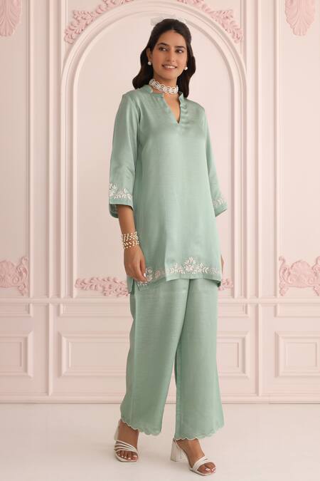 Charu Makkar_Green Linen, Satin Embroidery V-neck Sage Kurta And Pant Set_at_Aza_Fashions