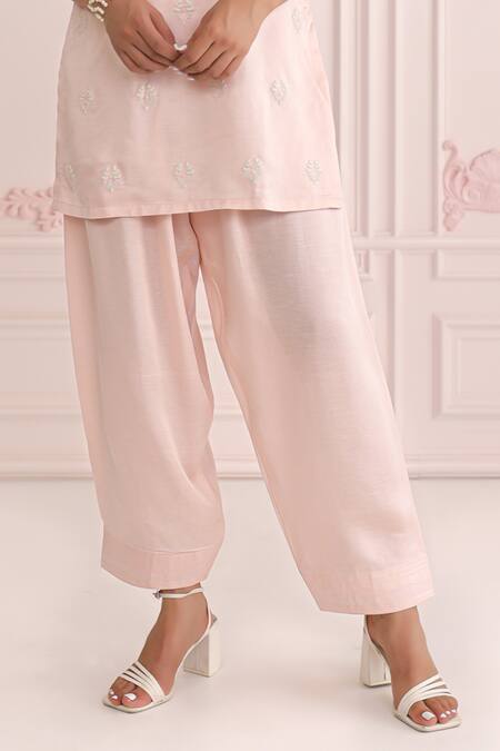 Charu Makkar_Peach Linen, Satin, Organza Embroidery Keyhole Neck Kurta Set_at_Aza_Fashions