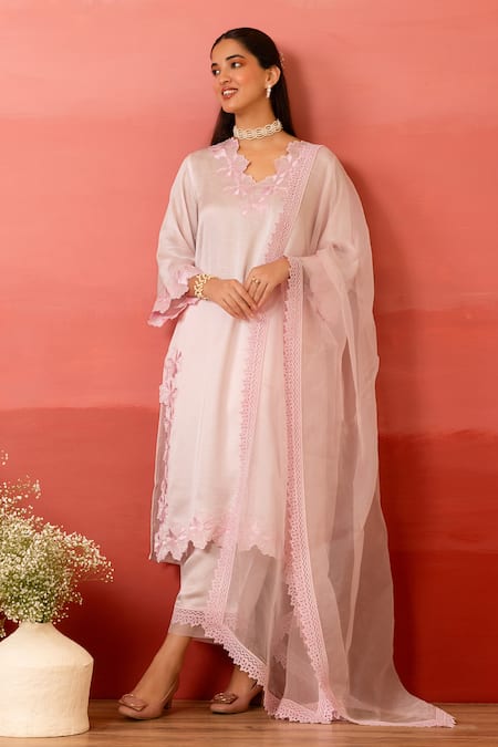 Buy Charu Makkar Pink Linen, Satin, Organza Embroidery V-neck Rosette Kurta Set Online at Aza Fashions Buy_Charu Makkar_Pink Linen, Satin, Organza Embroidery V-neck Rosette Kurta Set _Online_at_Aza_Fashions