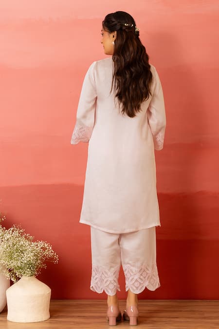Shop Charu Makkar Pink Linen, Satin, Organza Embroidery Mandarin Collar Kurta Pant Set at Aza Fashions Shop_Charu Makkar_Pink Linen, Satin, Organza Embroidery Mandarin Collar Kurta Pant Set _at_Aza_Fashions