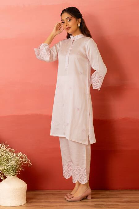 Buy Charu Makkar Pink Linen, Satin, Organza Embroidery Mandarin Collar Kurta Pant Set Online at Aza Fashions Buy_Charu Makkar_Pink Linen, Satin, Organza Embroidery Mandarin Collar Kurta Pant Set _Online_at_Aza_Fashions