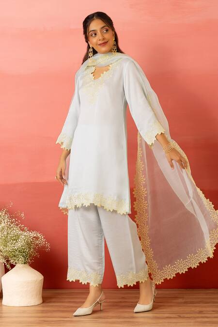 Buy Charu Makkar Blue Linen, Satin, Organza Embroidery V-neck Twinkle Kurta Set Online at Aza Fashions Buy_Charu Makkar_Blue Linen, Satin, Organza Embroidery V-neck Twinkle Kurta Set _Online_at_Aza_Fashions