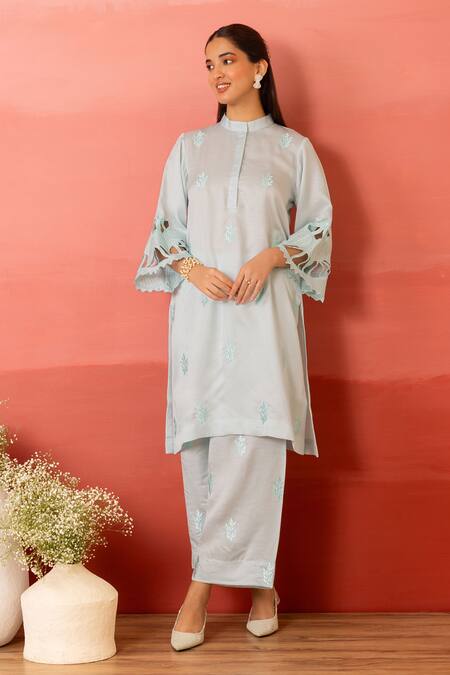 Buy Charu Makkar Blue Linen, Satin Embroidery Mandarin Collar Luna Kurta With Pant Online at Aza Fashions Buy_Charu Makkar_Blue Linen, Satin Embroidery Mandarin Collar Luna Kurta With Pant _Online_at_Aza_Fashions