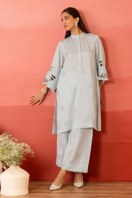 Charu Makkar Blue Linen, Satin Embroidery Mandarin Collar Luna Kurta With Pant