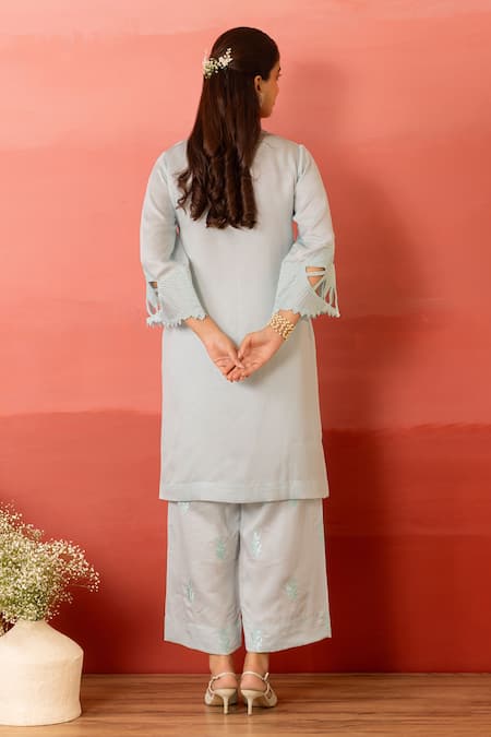 Shop Charu Makkar Blue Linen, Satin Embroidery Mandarin Collar Luna Kurta With Pant at Aza Fashions Shop_Charu Makkar_Blue Linen, Satin Embroidery Mandarin Collar Luna Kurta With Pant _at_Aza_Fashions