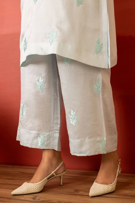 Shop Charu Makkar Blue Linen, Satin Embroidery Mandarin Collar Luna Kurta With Pant Online at Aza Fashions Shop_Charu Makkar_Blue Linen, Satin Embroidery Mandarin Collar Luna Kurta With Pant _Online_at_Aza_Fashions