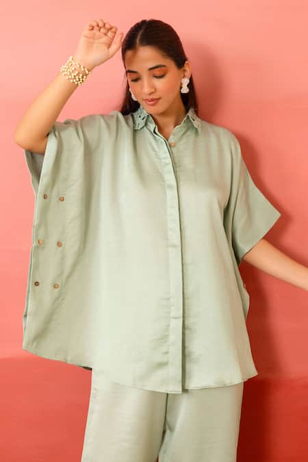 Charu Makkar Green Linen, Satin Embroidery Collared Sage Shirt Tunic And Pant Set Online at Aza Fashions Charu Makkar_Green Linen, Satin Embroidery Collared Sage Shirt Tunic And Pant Set _Online_at_Aza_Fashions