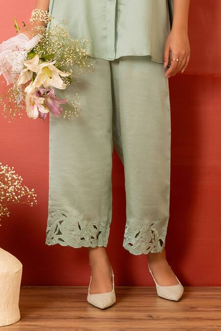 Buy Charu Makkar Green Linen, Satin Embroidery Collared Sage Shirt Tunic And Pant Set Online at Aza Fashions Buy_Charu Makkar_Green Linen, Satin Embroidery Collared Sage Shirt Tunic And Pant Set _Online_at_Aza_Fashions