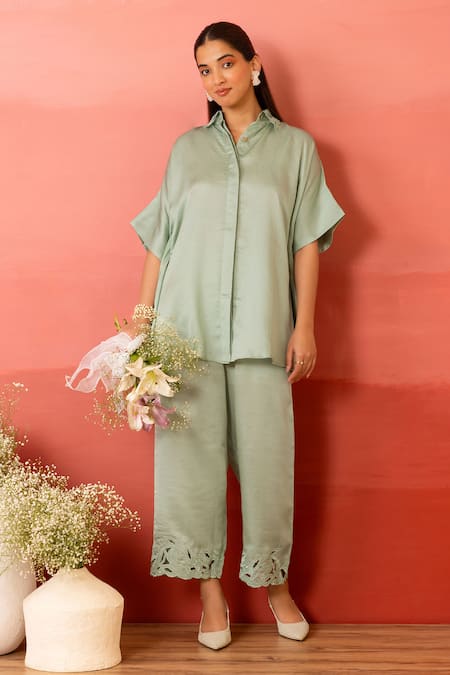 Charu Makkar Green Linen, Satin Embroidery Collared Sage Shirt Tunic And Pant Set 