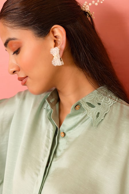 Shop Charu Makkar Green Linen, Satin Embroidery Collared Sage Shirt Tunic And Pant Set Online at Aza Fashions Shop_Charu Makkar_Green Linen, Satin Embroidery Collared Sage Shirt Tunic And Pant Set _Online_at_Aza_Fashions