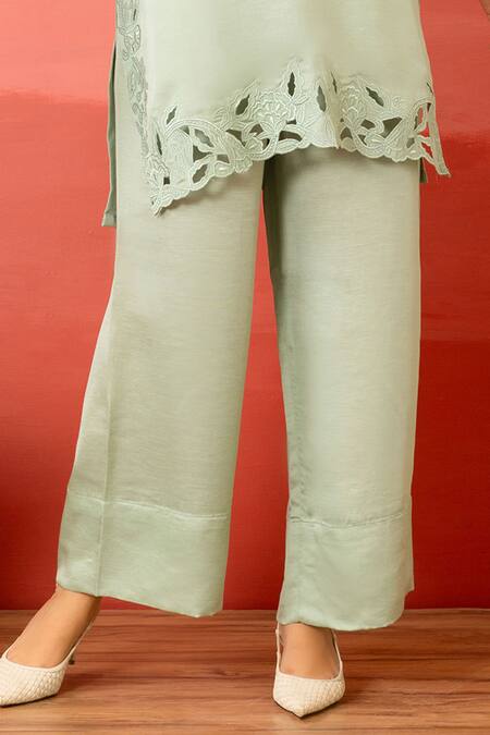 Charu Makkar Green Linen, Satin, Organza Cut Work Round Neck Sage Kurta Set Online at Aza Fashions Charu Makkar_Green Linen, Satin, Organza Cut Work Round Neck Sage Kurta Set _Online_at_Aza_Fashions