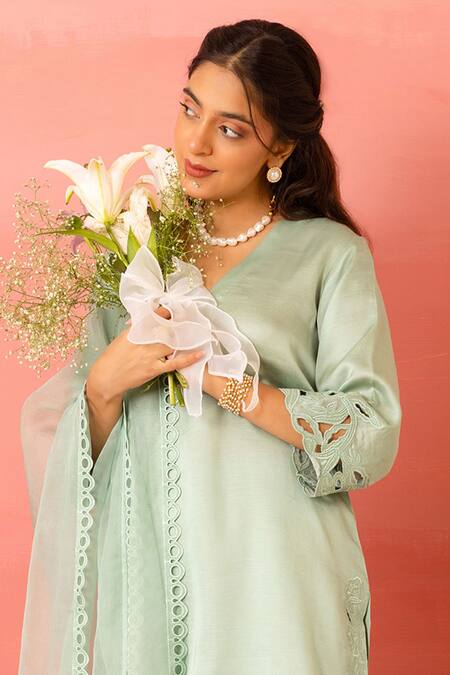 Buy Charu Makkar Green Linen, Satin, Organza Cut Work Round Neck Sage Kurta Set Online at Aza Fashions Buy_Charu Makkar_Green Linen, Satin, Organza Cut Work Round Neck Sage Kurta Set _Online_at_Aza_Fashions