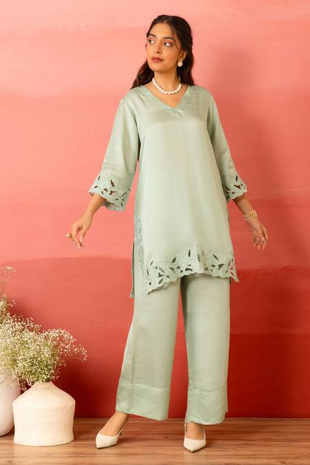 Shop Charu Makkar Green Linen, Satin, Organza Cut Work Round Neck Sage Kurta Set Online at Aza Fashions Shop_Charu Makkar_Green Linen, Satin, Organza Cut Work Round Neck Sage Kurta Set _Online_at_Aza_Fashions