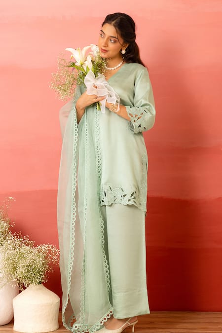 Charu Makkar Green Linen, Satin, Organza Cut Work Round Neck Sage Kurta Set 