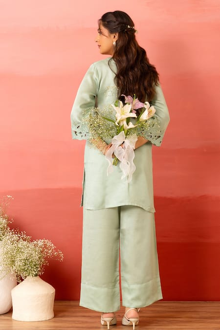 Shop Charu Makkar Green Linen, Satin, Organza Cut Work Round Neck Sage Kurta Set at Aza Fashions Shop_Charu Makkar_Green Linen, Satin, Organza Cut Work Round Neck Sage Kurta Set _at_Aza_Fashions