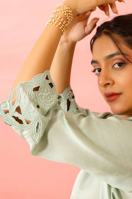 Charu Makkar Green Linen, Satin, Organza Cut Work Round Neck Sage Kurta Set at Aza Fashions Charu Makkar_Green Linen, Satin, Organza Cut Work Round Neck Sage Kurta Set _at_Aza_Fashions