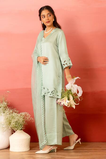 Buy Charu Makkar Green Linen, Satin, Organza Cut Work Round Neck Sage Kurta Set Buy_Charu Makkar_Green Linen, Satin, Organza Cut Work Round Neck Sage Kurta Set