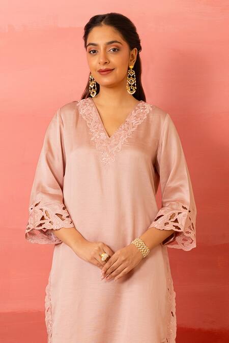 Charu Makkar_Pink Linen, Satin, Organza Cut Work V-neck Designer Sorbet Kurta Set _Online_at_Aza_Fashions