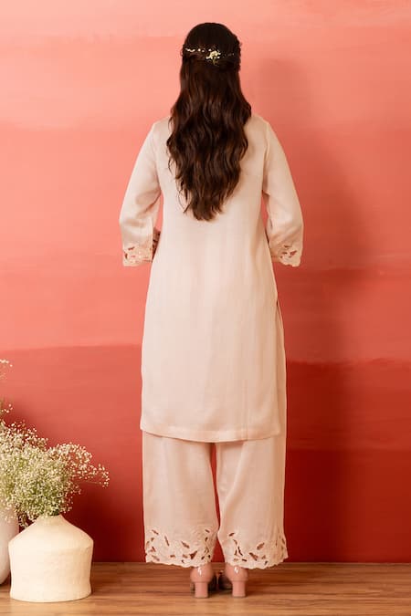 Shop Charu Makkar Peach Linen, Satin, Organza Cut Work Split V-neck Designer Kurta Set at Aza Fashions Shop_Charu Makkar_Peach Linen, Satin, Organza Cut Work Split V-neck Designer Kurta Set _at_Aza_Fashions