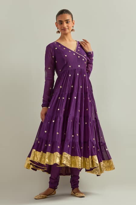 Ikshita Choudhary Purple Chanderi, Organza Zari, Embroidery V-neck Anarkali Set Online at Aza Fashions Ikshita Choudhary_Purple Chanderi, Organza Zari, Embroidery V-neck Anarkali Set _Online_at_Aza_Fashions