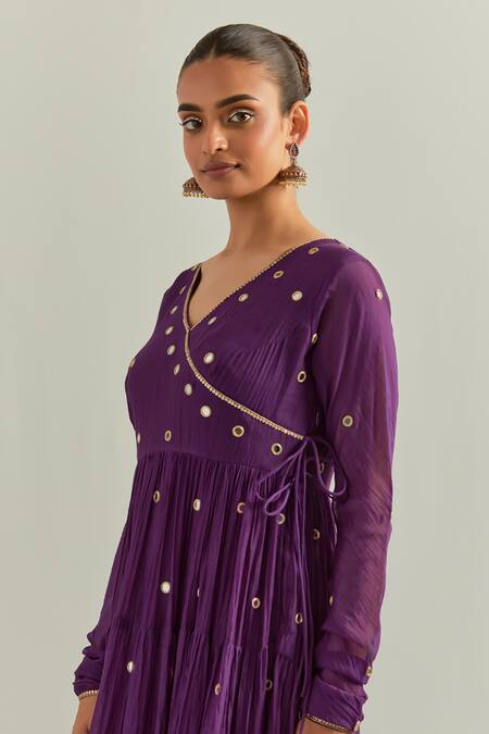 Shop Ikshita Choudhary Purple Chanderi, Organza Zari, Embroidery V-neck Anarkali Set Online at Aza Fashions Shop_Ikshita Choudhary_Purple Chanderi, Organza Zari, Embroidery V-neck Anarkali Set _Online_at_Aza_Fashions