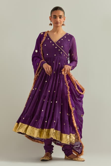 Ikshita Choudhary Purple Chanderi, Organza Zari, Embroidery V-neck Anarkali Set