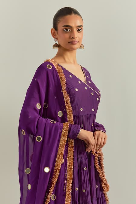 Shop Ikshita Choudhary Purple Chanderi, Organza Zari, Embroidery V-neck Anarkali Set Shop_Ikshita Choudhary_Purple Chanderi, Organza Zari, Embroidery V-neck Anarkali Set