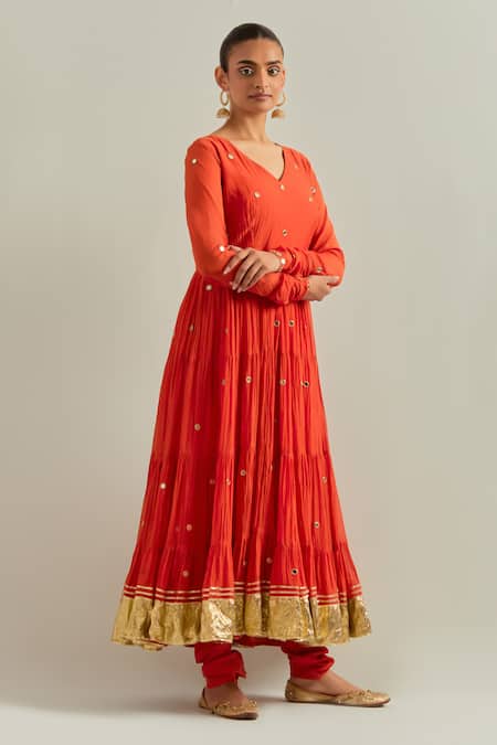 Ikshita Choudhary Orange Chanderi, Organza Sequins, Embroidery V-neck Anarkali Set Online at Aza Fashions Ikshita Choudhary_Orange Chanderi, Organza Sequins, Embroidery V-neck Anarkali Set _Online_at_Aza_Fashions