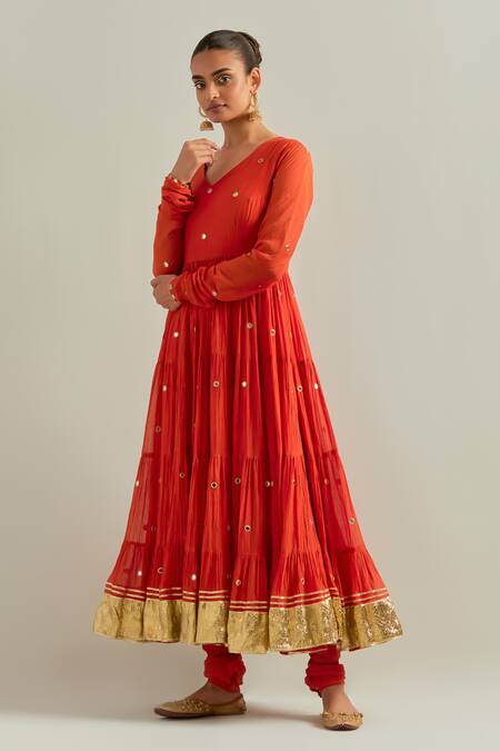 Buy Ikshita Choudhary Orange Chanderi, Organza Sequins, Embroidery V-neck Anarkali Set Online at Aza Fashions Buy_Ikshita Choudhary_Orange Chanderi, Organza Sequins, Embroidery V-neck Anarkali Set _Online_at_Aza_Fashions