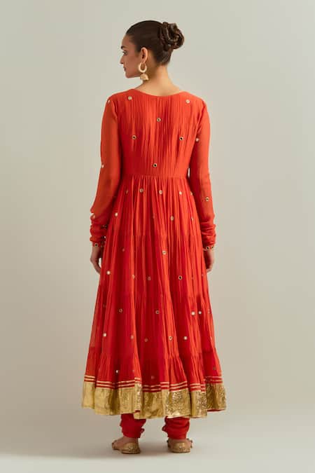 Shop Ikshita Choudhary Orange Chanderi, Organza Sequins, Embroidery V-neck Anarkali Set at Aza Fashions Shop_Ikshita Choudhary_Orange Chanderi, Organza Sequins, Embroidery V-neck Anarkali Set _at_Aza_Fashions