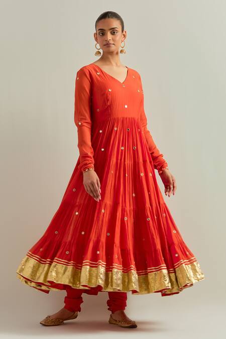 Shop Ikshita Choudhary Orange Chanderi, Organza Sequins, Embroidery V-neck Anarkali Set Online at Aza Fashions Shop_Ikshita Choudhary_Orange Chanderi, Organza Sequins, Embroidery V-neck Anarkali Set _Online_at_Aza_Fashions