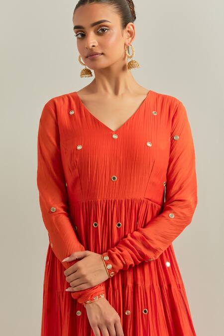Ikshita Choudhary Orange Chanderi, Organza Sequins, Embroidery V-neck Anarkali Set at Aza Fashions Ikshita Choudhary_Orange Chanderi, Organza Sequins, Embroidery V-neck Anarkali Set _at_Aza_Fashions