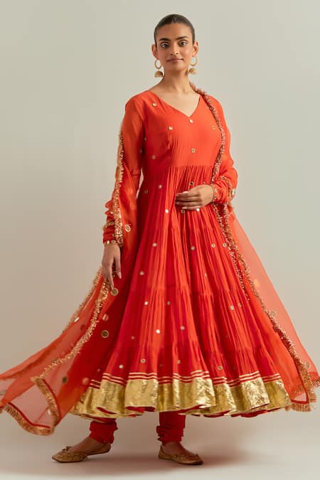 Ikshita Choudhary Orange Chanderi, Organza Sequins, Embroidery V-neck Anarkali Set 
