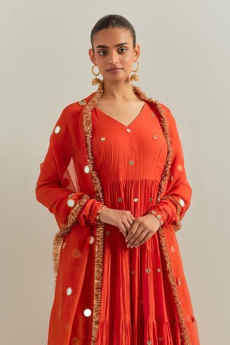 Buy Ikshita Choudhary Orange Chanderi, Organza Sequins, Embroidery V-neck Anarkali Set Buy_Ikshita Choudhary_Orange Chanderi, Organza Sequins, Embroidery V-neck Anarkali Set