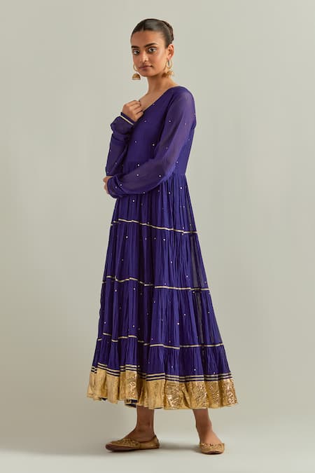Ikshita Choudhary Blue Chanderi, Organza Zari, Embroidery V-neck Anarkali Set With Dupatta Online at Aza Fashions Ikshita Choudhary_Blue Chanderi, Organza Zari, Embroidery V-neck Anarkali Set With Dupatta _Online_at_Aza_Fashions